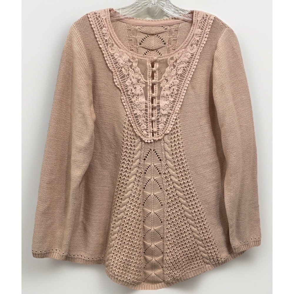 Roamans Lace Inlaid Embroidered Crochet Long Sleeve Sweater Women's Size 14
